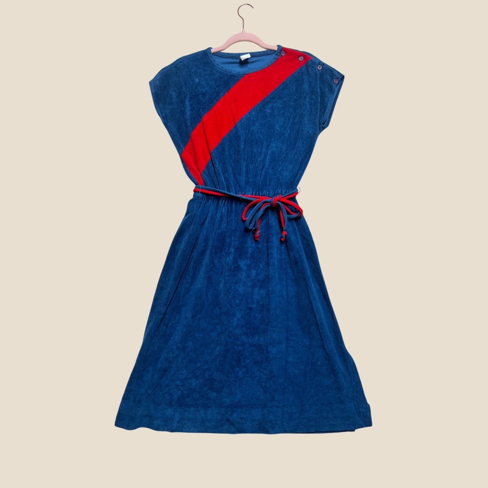 Vintage 1970s Velour Midi Dress Blue Red Stripe Belted Cap Sleeve Retro Disco M